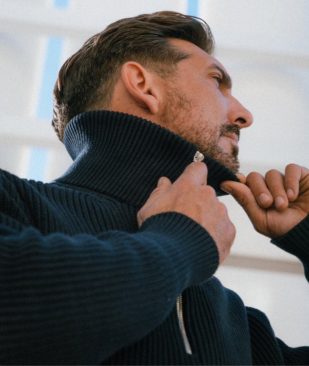 Warm trucker sweater, photo of it being worn.