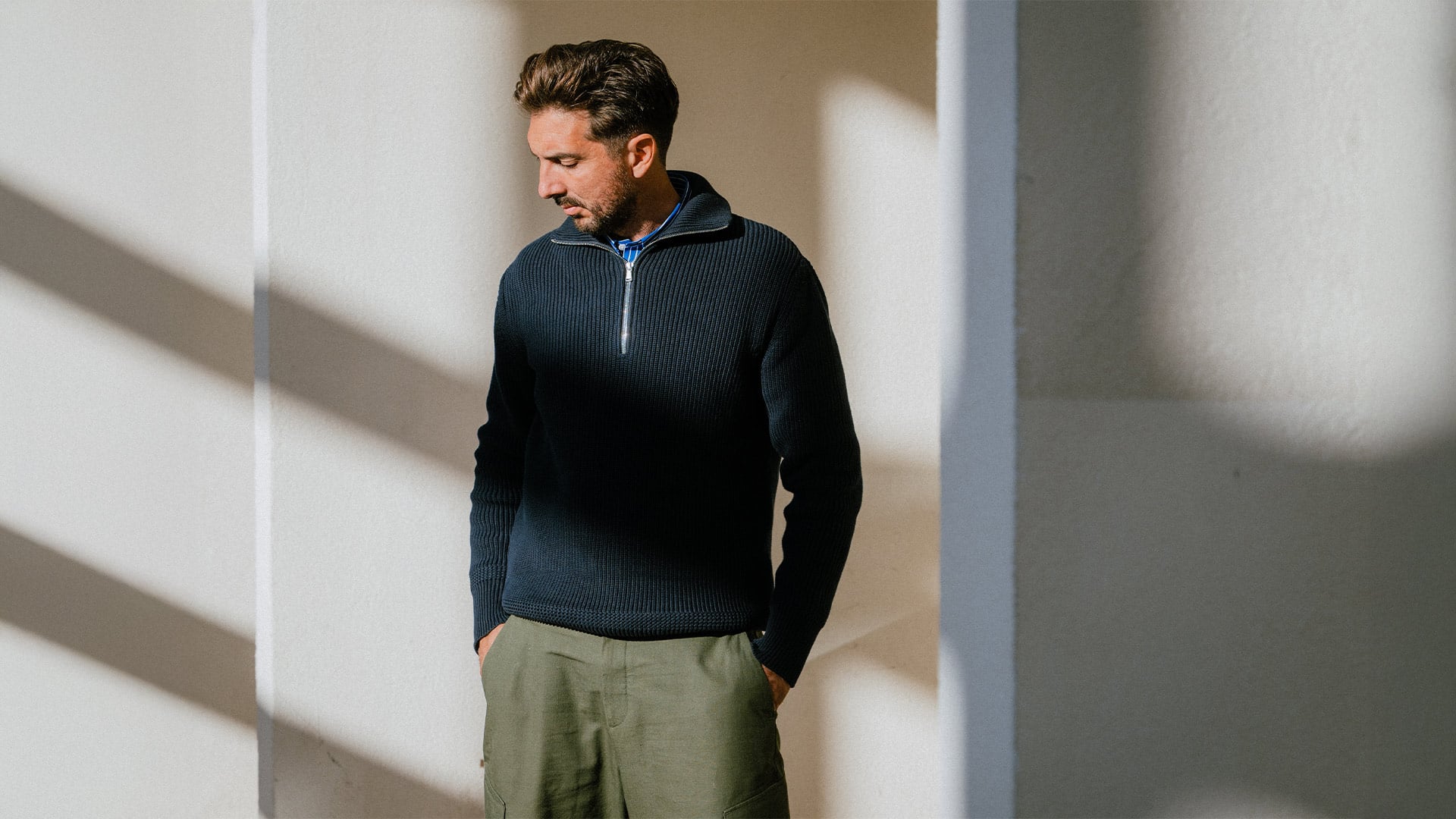 Men's zip-up sweater.