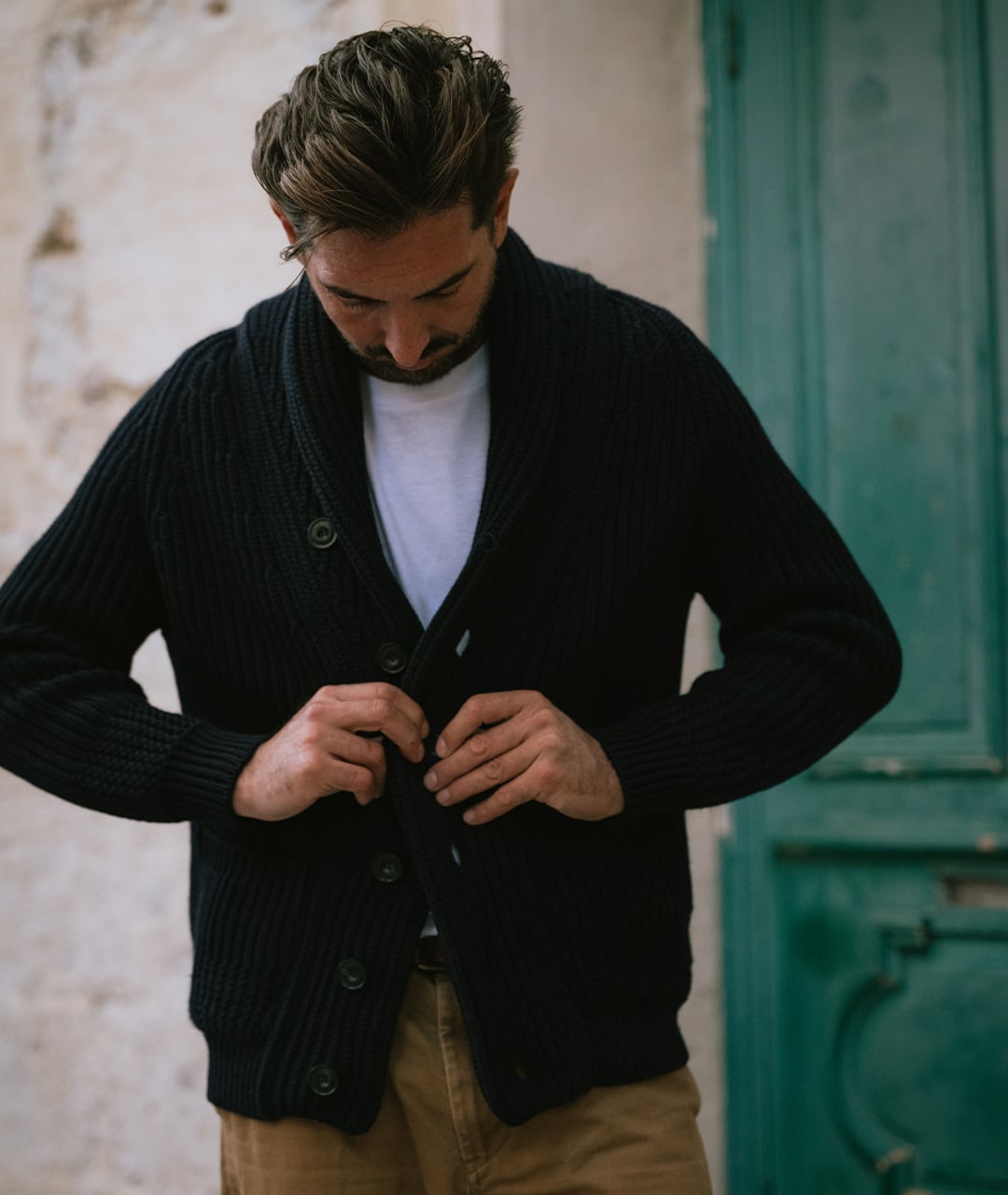 See the men's wool cardigan.
