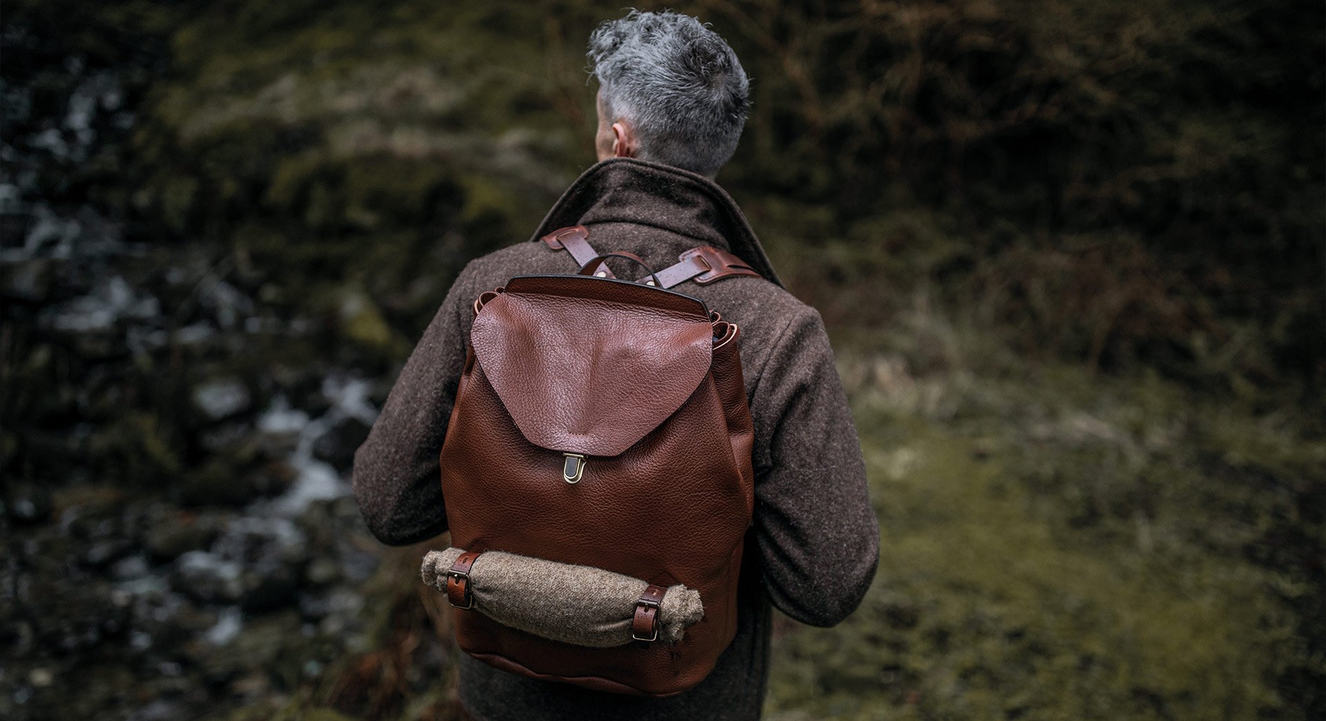 The Zeppo leather backpack carried into the forest