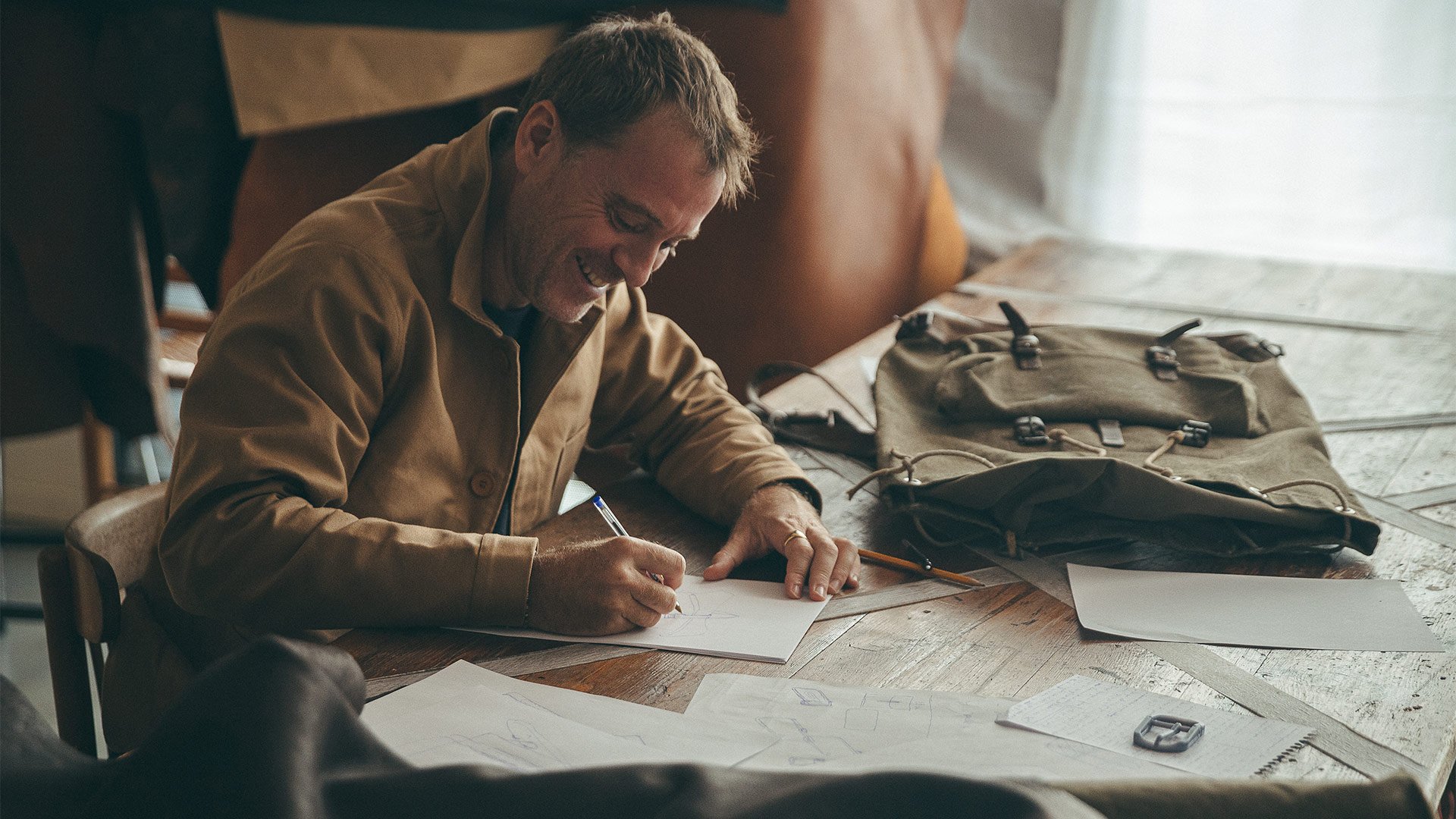Alexandre Rousseau, creator of the Bleu de Chauffe brand, designing new bags.