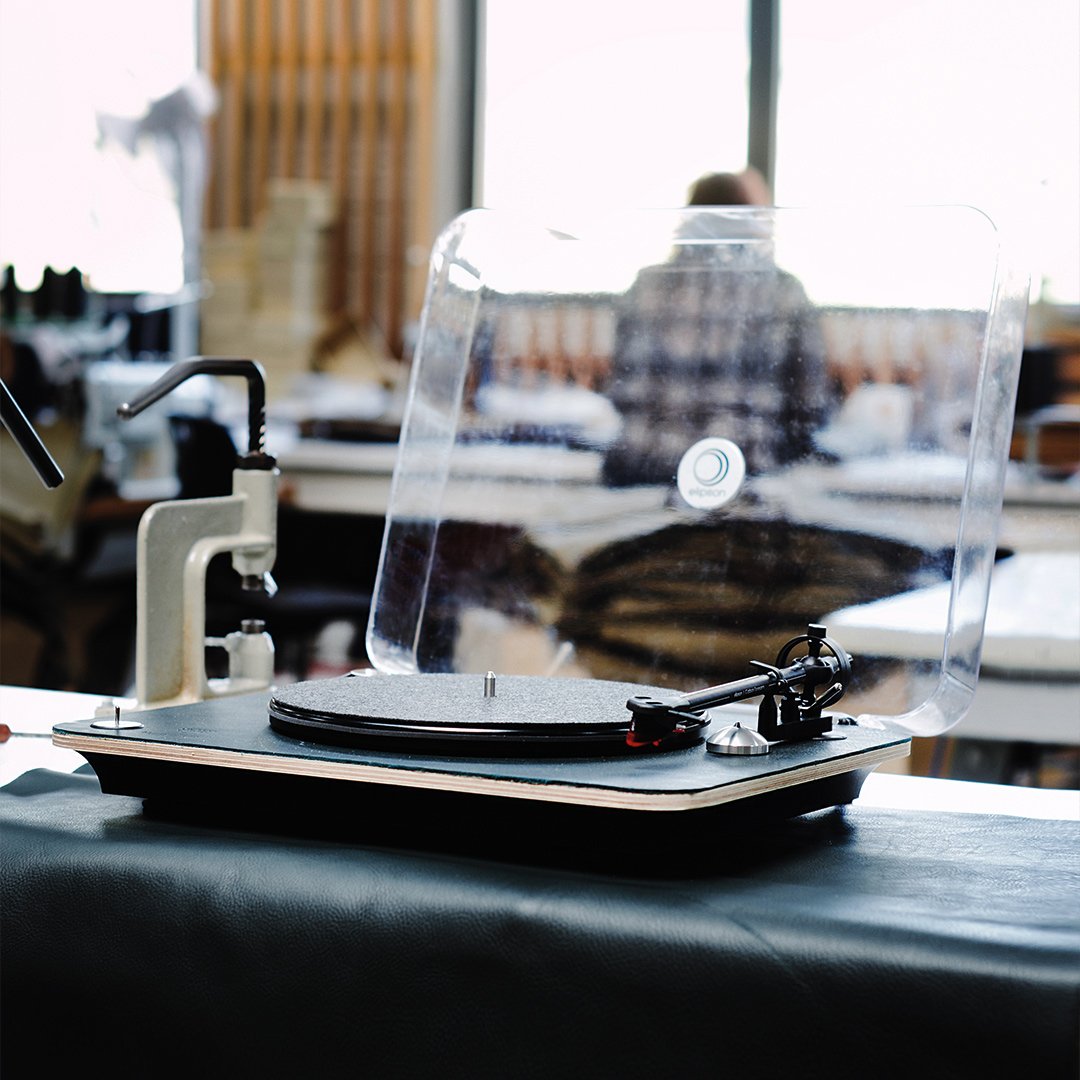 Leather record player in the workshop