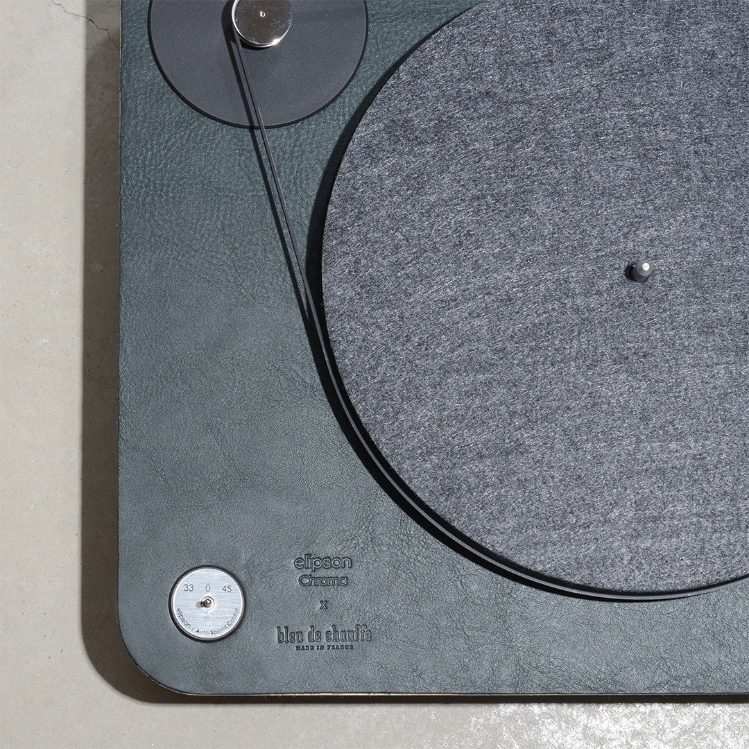 Close-up of the leather part of the Chroma record player