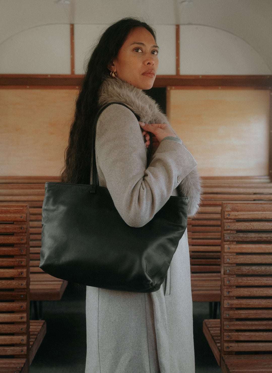 Cabas cuir agneau Josie - Noir