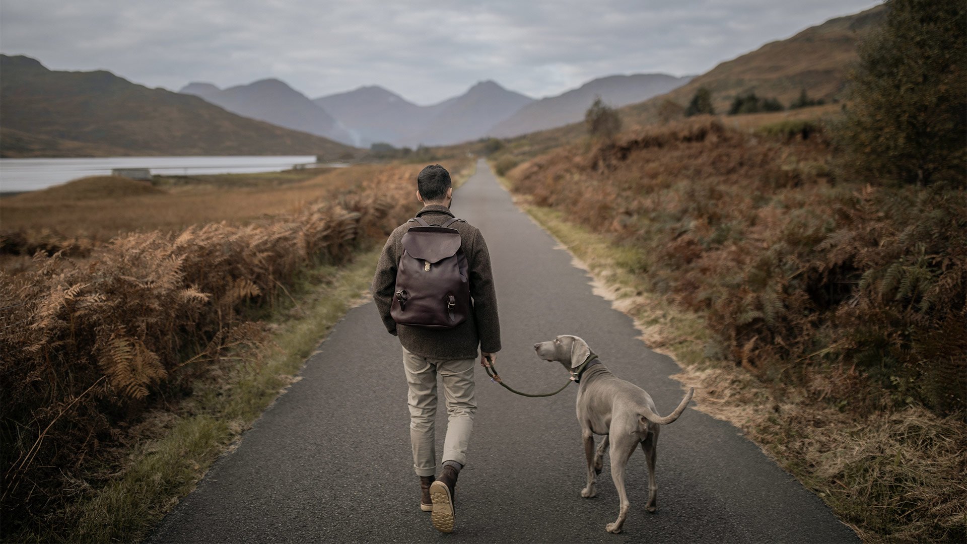 A man wears a leather backpack and walks his dog in a Scottish landscape